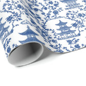 Blue Chinoiserie Pagodas Toile Cadeaupapier (Rol Hoek)
