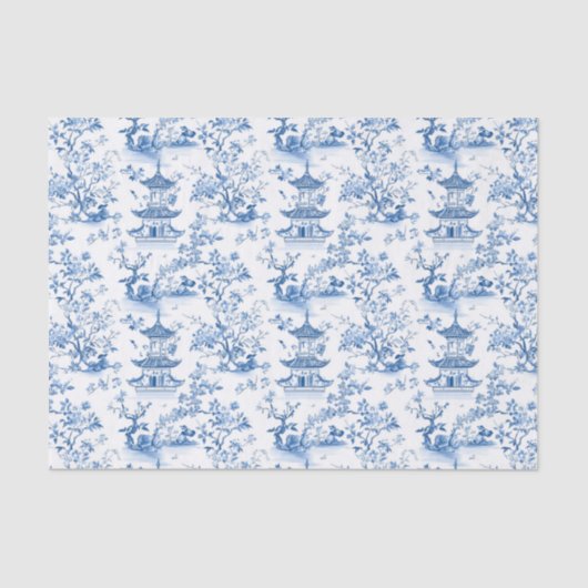 Blue Chinoiserie Pagodas Toile Tissuepapier (Voorkant)