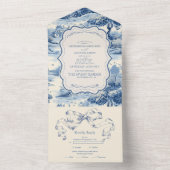 Blue Chinoiserie Porcelain Botanical Peony Wedding All In One Uitnodiging (Binnen)