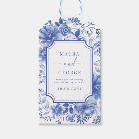Blue Chinoiserie Porcelain Botanical Peony Wedding Cadeaulabel (Voorkant)
