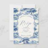 Blue Chinoiserie Porcelain Botanical Peony Wedding RSVP Kaartje (Voorkant)