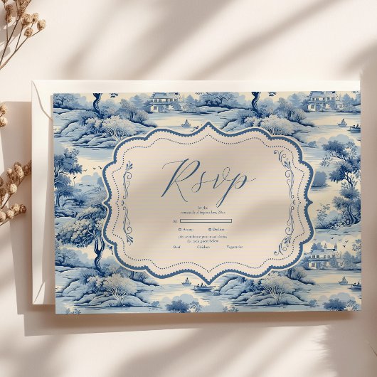 Blue Chinoiserie Porcelain Botanical Peony Wedding RSVP Kaartje