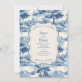 Blue Chinoiserie Porcelain Botanical Peony Wedding Save The Date (Voorkant)