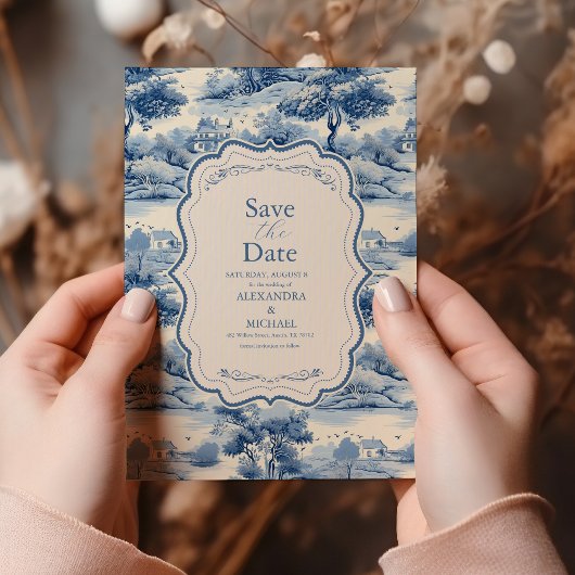 Blue Chinoiserie Porcelain Botanical Peony Wedding Save The Date