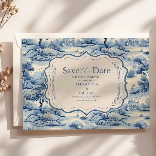 Blue Chinoiserie Porcelain Botanical Peony Wedding Save The Date