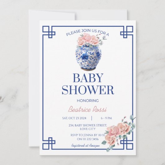 Blue Chinoiserie Preppy Ginger Jar Baby shower Kaart (Voorkant)