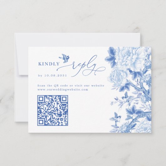 Blue Chinoiserie QR Code Trouwwebsite RSVP Kaart (Voorkant)