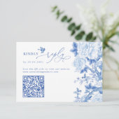 Blue Chinoiserie QR Code Trouwwebsite RSVP Kaart (Staand voorkant)