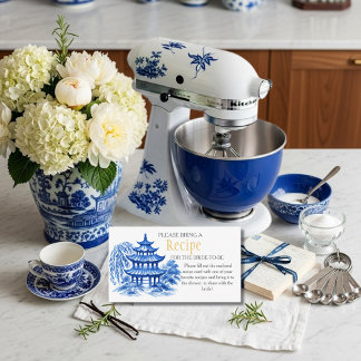 Blue Chinoiserie Recept Verzoek Bruidsfeest Informatiekaartje