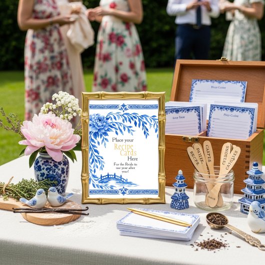 Blue Chinoiserie Recipe Cards Here Sign Kaart