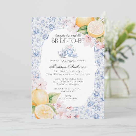 Blue Chinoiserie Tea Party Vrijgezellenfeest Toile Kaart (Staand voorkant)