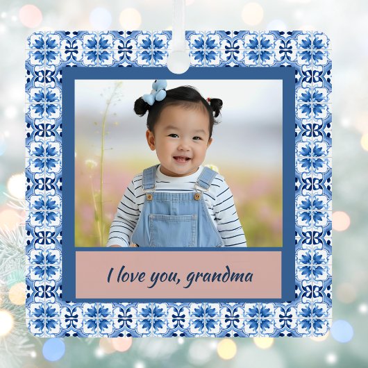 Blue Chinoiserie Tegel Foto Oma Christmas Metalen Ornament