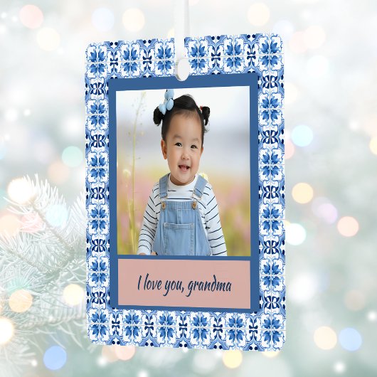 Blue Chinoiserie Tegel Foto Oma Christmas Metalen Ornament