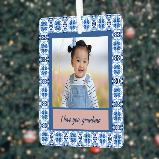 Blue Chinoiserie Tegel Foto Oma Christmas Metalen Ornament
