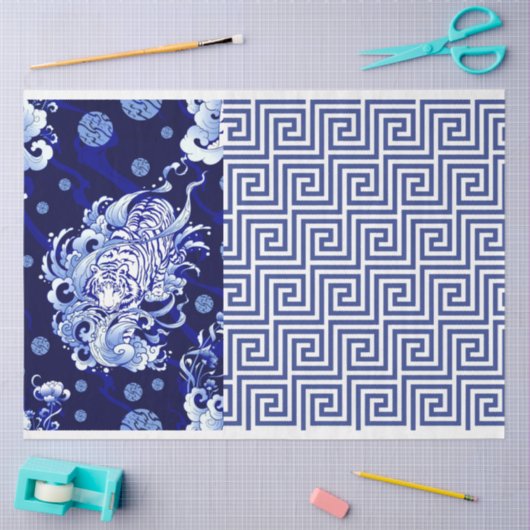 Blue Chinoiserie Tiger Blue Flow-ontkoppeling Tissuepapier (Craft)