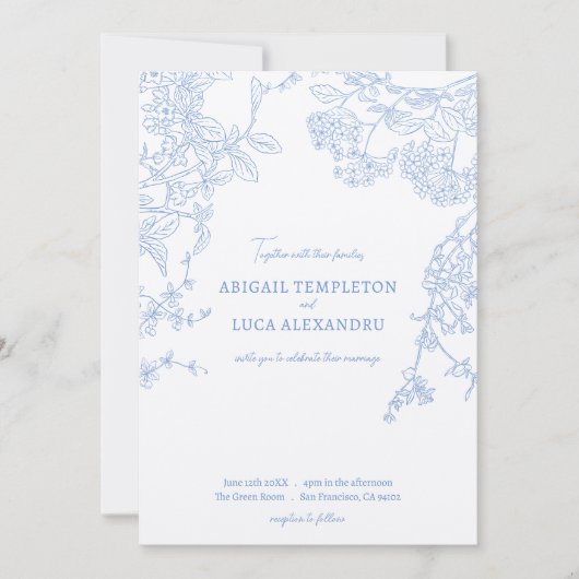 Blue Chinoiserie Toile de Jouy Wedding Kaart (Voorkant)