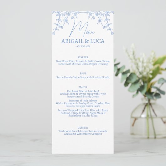 Blue Chinoiserie Toile de Jouy Wedding Menu (Staand voorkant)