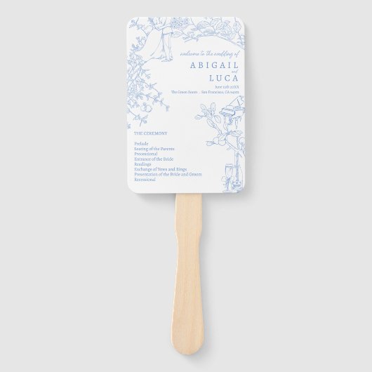 Blue Chinoiserie Toile de Jouy Wedding Programma Handwaaier (Voorkant)