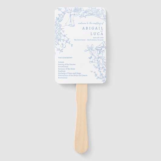 Blue Chinoiserie Toile de Jouy Wedding Programma Handwaaier (Voorkant)