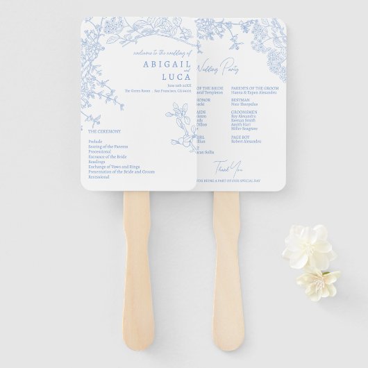Blue Chinoiserie Toile de Jouy Wedding Programma Handwaaier (Voorkant en achterkant)