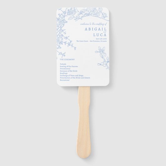 Blue Chinoiserie Toile de Jouy Wedding Programma Handwaaier (Voorkant)