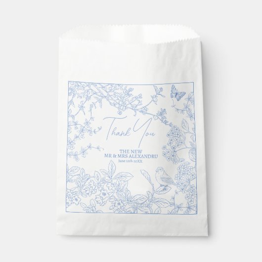 Blue Chinoiserie Toile de Jouy Wedding Save Datum Bedankzakje (Voorkant)