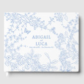 Blue Chinoiserie Toile de Jouy Wedding Save Datum Gastenboek (Voorkant)