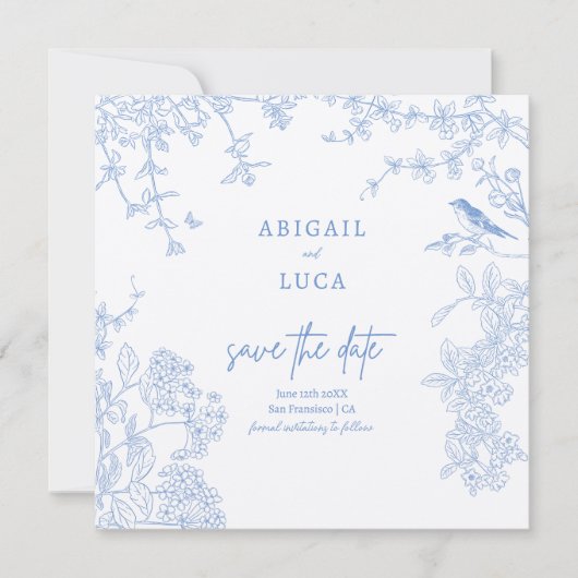 Blue Chinoiserie Toile de Jouy Wedding Save Datum Kaart (Voorkant)