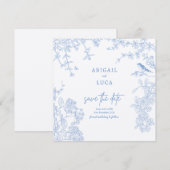 Blue Chinoiserie Toile de Jouy Wedding Save Datum Kaart (Voorkant / Achterkant)