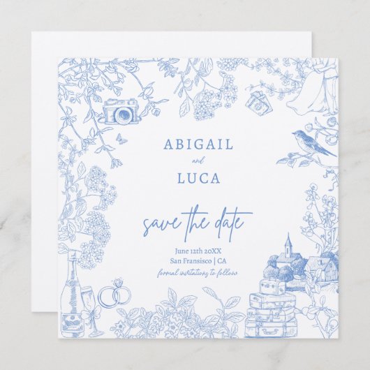 Blue Chinoiserie Toile de Jouy Wedding Save Datum Kaart (Voorkant / Achterkant)