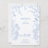 Blue Chinoiserie Toile de Jouy Wedding Save Datum  Kaart (Voorkant)