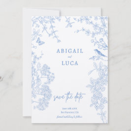 Blue Chinoiserie Toile de Jouy Wedding Save Datum  Kaart