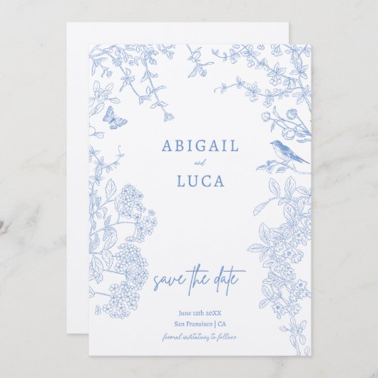 Blue Chinoiserie Toile de Jouy Wedding Save Datum  Kaart (Voorkant / Achterkant)