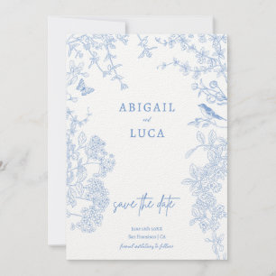 Blue Chinoiserie Toile de Jouy Wedding Save Datum  Kaart