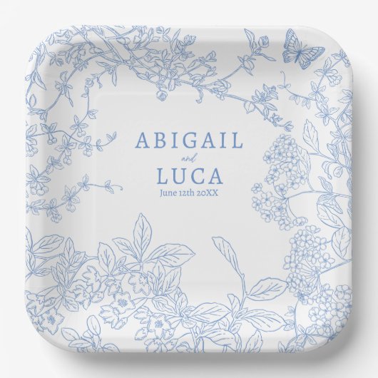 Blue Chinoiserie Toile de Jouy Wedding Save Datum Papieren Bordje (Voorkant)
