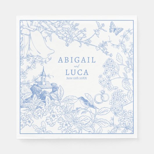 Blue Chinoiserie Toile de Jouy Wedding Save Datum Servet (Voorkant)