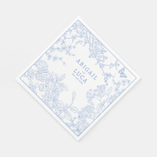 Blue Chinoiserie Toile de Jouy Wedding Save Datum Servet (Hoek)