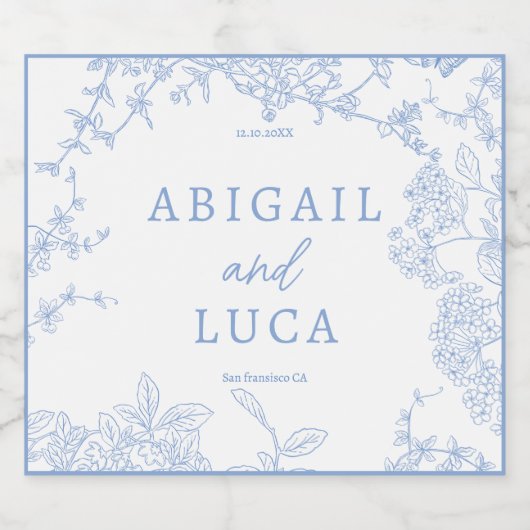 Blue Chinoiserie Toile de Jouy Wedding Save Datum Sparkling Wijnetiket (Enkel label)