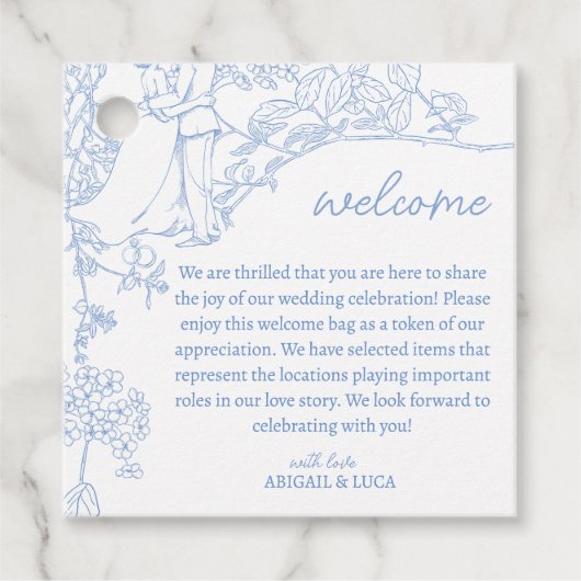 Blue Chinoiserie Toile de Jouy Wedding Welkom Bedankjes Labels (Voorkant)