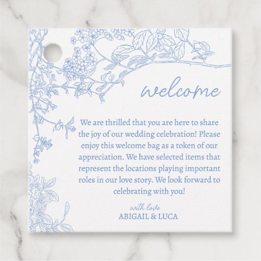 Blue Chinoiserie Toile de Jouy Wedding Welkom Bedankjes Labels (Voorkant)