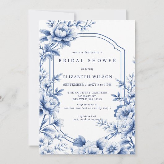 Blue Chinoiserie Toile Floral Bridal Shower Kaart (Voorkant)