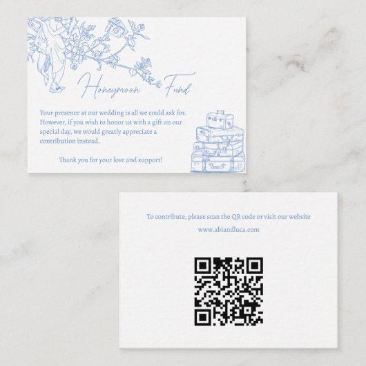 Blue Chinoiserie Toile Honeymoon Fund Wishing Well Informatiekaartje (Voorkant / Achterkant)