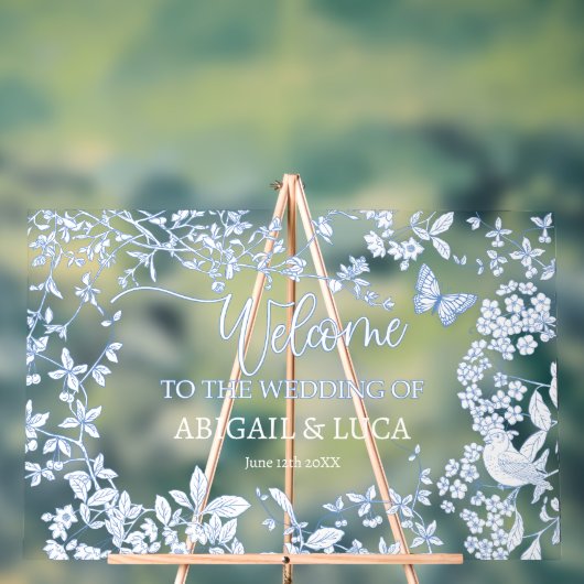 Blue Chinoiserie Toile Jouy Wedding Welkomstbord Acryl Bord (Neutraal)