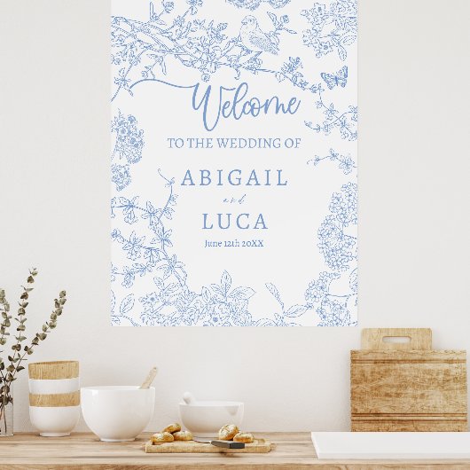 Blue Chinoiserie Toile Jouy Wedding Welkomstbord Poster (Keuken)