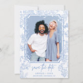 Blue Chinoiserie Toile Wedding Save Date Foto Kaart (Voorkant)
