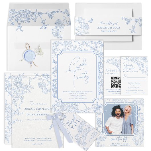 Blue Chinoiserie Toile Wedding Save Date Foto Kaart