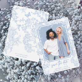 Blue Chinoiserie Toile Wedding Save Date Foto Kaart