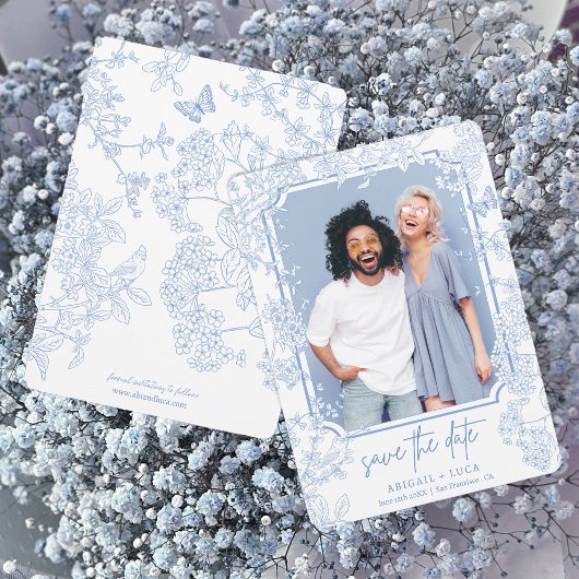 Blue Chinoiserie Toile Wedding Save Date Foto Kaart