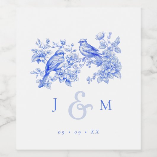 Blue Chinoiserie  Tortelduifjes bruiloft Wijn Etiket (Enkel label)
