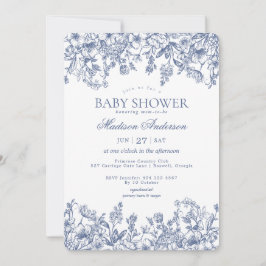 Blue Chinoiserie Vintage Floral Baby Shower Kaart